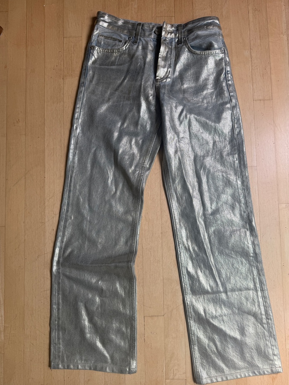 Zara Metallic Silver Straight-Leg Jeans